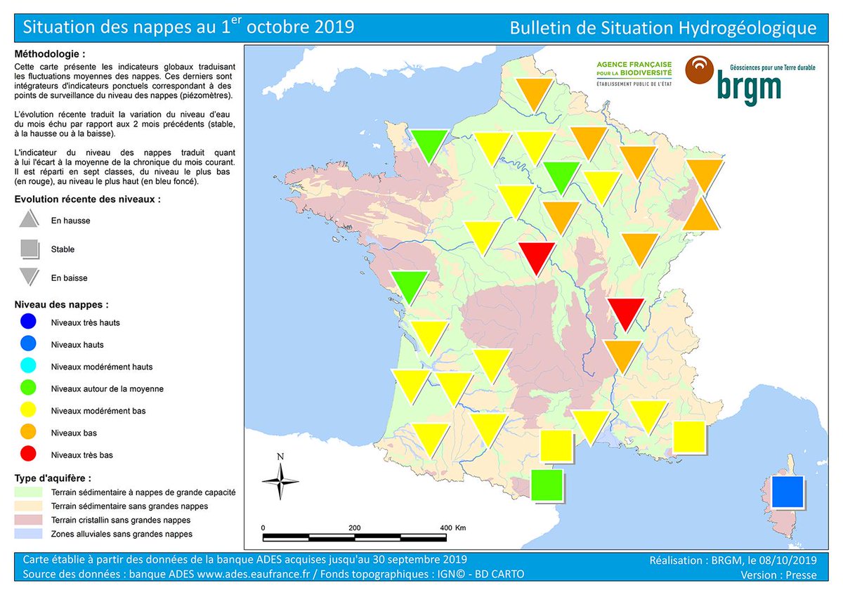 BRGM_fr's tweet photo. 💧Etat des #NappesPhréatiques au 1er octobre 2019 : 
🔸la majorité des niveaux baissent 
🔸les nappes d’#AuvergneRhôneAlpes et du sud de #CentreValdeLoire présentent des niveaux nécessitant une surveillance renforcée.
➡️https://t.co/WPEBDJytnl 
#EauxSouterraines https://t.co/UoRORNVS1e
