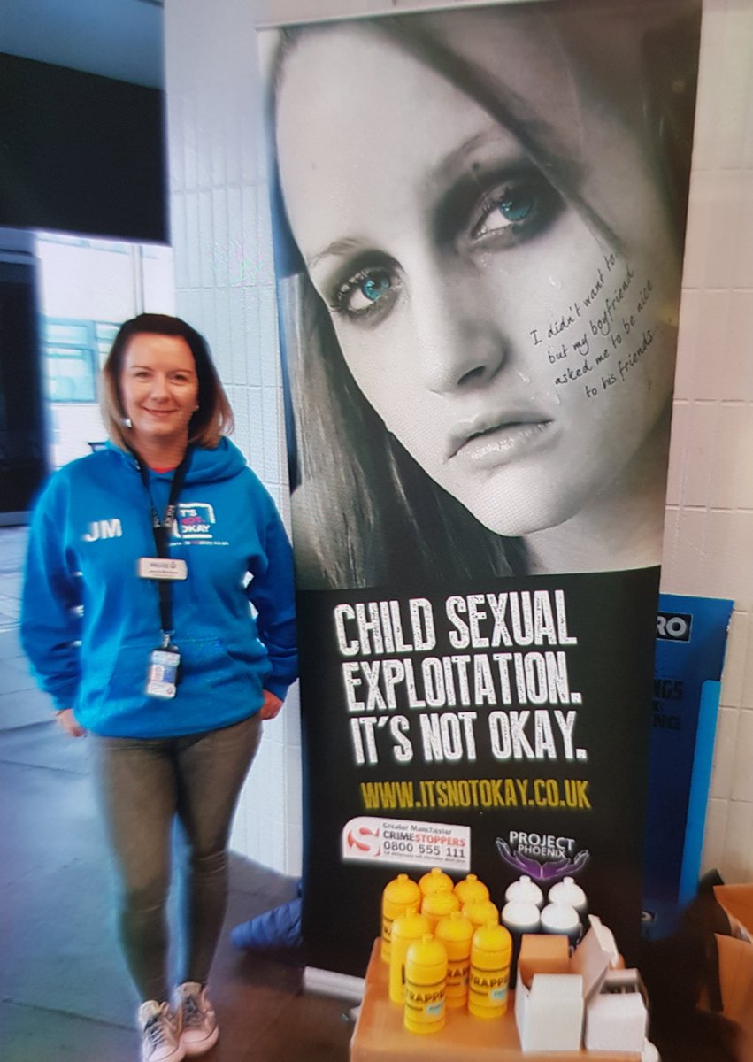 NotOkayBury's tweet photo. Bury CCE and CSE team are at Bury Metrolink raising awareness of child exploitation #trapped #notokay #merchandise https://t.co/u3Rgdgsauh