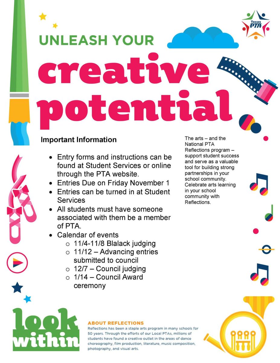Blalack Families, we hope you enjoy your four day weekend, but if you want to be sure your kiddos stay busy, make sure they work on their reflections application and project that is DUE by NOVEMBER 1st! For more information go to blalackpta.membershiptoolkit.com/reflections