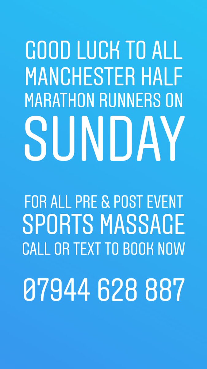 massageWA14's tweet photo. Good luck to everyone running the Manchester Half Marathon this Sunday.
For any pre or post event Sports massage call or text to book in now.
07944 628 887

#manchesterhalfmarathon #sportsmassage #sportsmassagetherapist #hale #halevillage #massagewa14 https://t.co/9CEfPctIwA