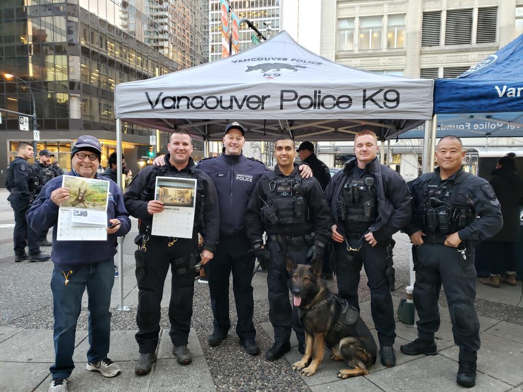 ee1475's tweet photo. Come on out to Georgia and Granville to purchase your 2020 Vancouver Police Dog Calendar.  All proceeds go to the Cancer Foundation and BC Children's Hospital.  Calendars also available through the Vancouver Police Foundation web site.  @VPDCanine https://t.co/a86jYcYjKJ