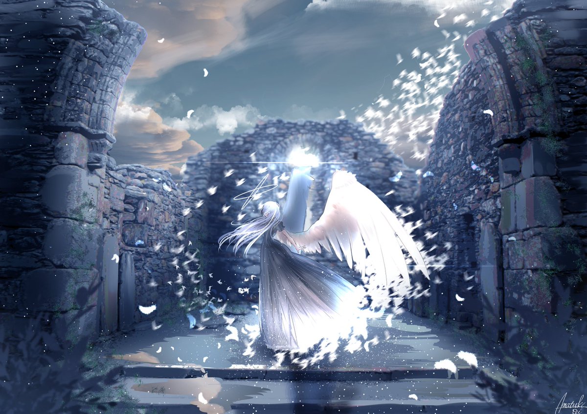 1girl long hair wings dress solo cloud sky  illustration images