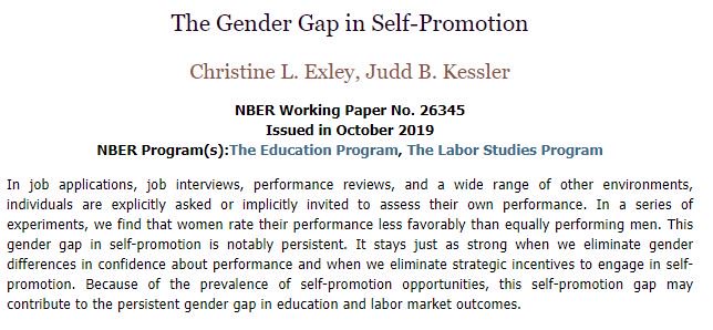 NBER (@nberpubs) on Twitter photo There is a large gender gap in self-promotion: Women assess their performance less favorably than equally performing men, from <a href="/christine_exley/">Christine Exley</a> and <a href="/juddkessler/">Judd Kessler</a> nber.org/papers/w26345 There is a large gender gap in self-promotion: Women assess their performance less favorably than equally performing men, from <a href="/christine_exley/">Christine Exley</a> and <a href="/juddkessler/">Judd Kessler</a> nber.org/papers/w26345