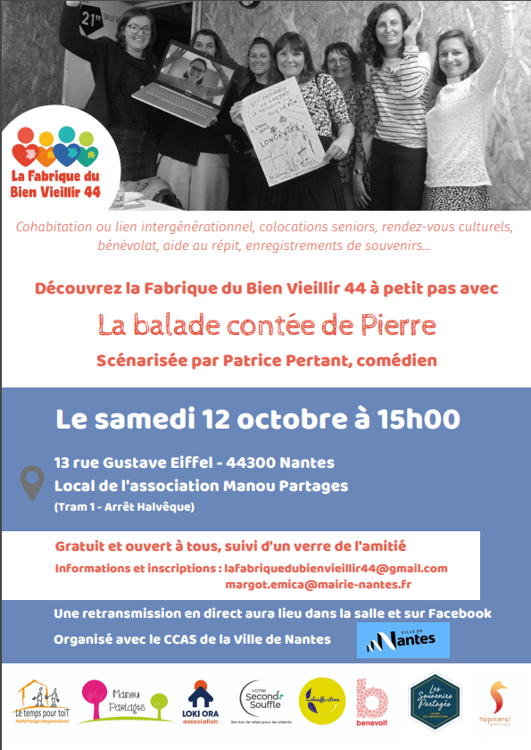 confortservices's tweet photo. 📅Venez découvrir le collectif de La Fabrique du Bien Vieillir à travers "La balade contée de Pierre", ce samedi 12 octobre à 15h00 dans les locaux de @Manou_Partages. Les belles initiatives se font nombreuse au sein de @NantesMetropole, alors autant en profiter !😃 #bienvieillir https://t.co/GFqpudFje2