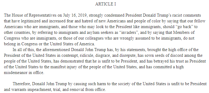 Impeachment #3July 17, 201995 Dems voted to advance impeachment for the "high crime" of insulting The Squad http://clerk.house.gov/evs/2019/roll483.xml