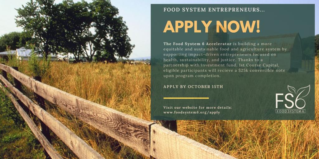 ImagineH2O's tweet image. @foodsystem6 Accelerator is partnering with @1cc to offer a $25k convertible note to eligible entrepreneurs innovating in food and agriculture. Learn more at foodsystem6.org and apply by October 15th! #FS6 #foodsystemchange #accelerator