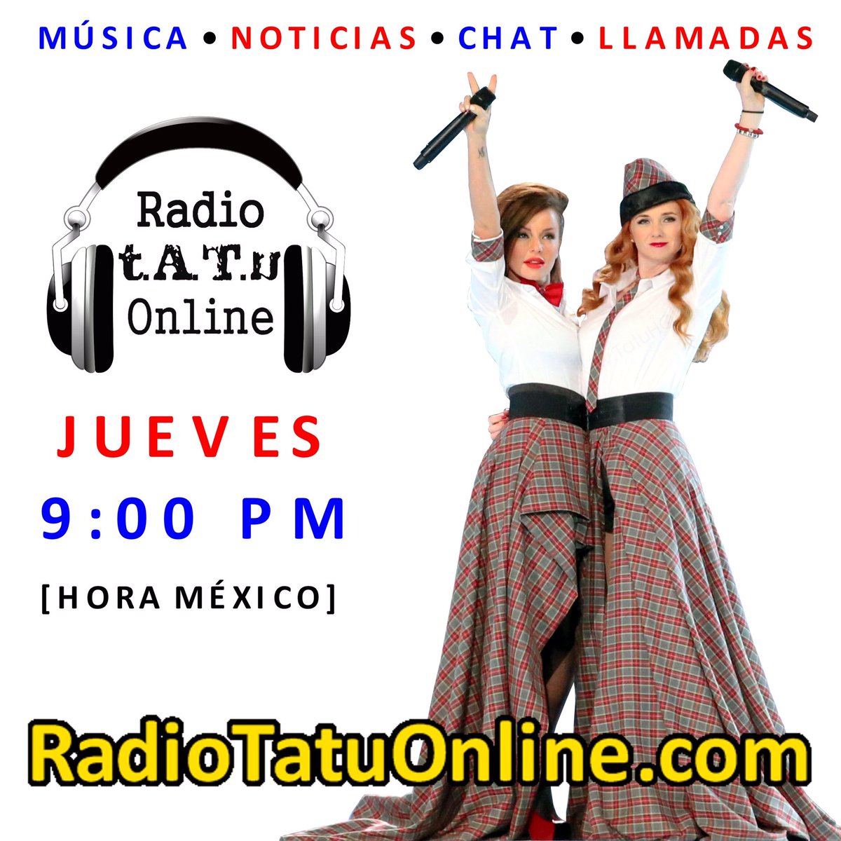 HOY es día de escuchar a t.A.T.u
HOY es día de reunir a sus fans
HOY es JUEVES de #RadioTatuOnline
HOY nos conectamos a RadioTatuOnline.com 
HOY los espero a las 9:00 pm
«Hora MX»
#tATu #JuliaVolkova #LenaKatina
#Тату #ЮляВолкова #ЛенаКатина
