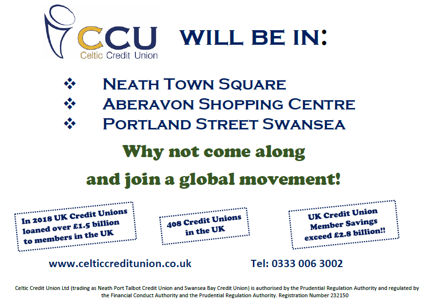 CelticCreditUn's tweet photo. 7 DAYS TO #ICUDAY Thursday 17th October is International Credit Union Day! To celebrate, we'll have pop-up stands in Neath Town Square, Aberavon Shopping Centre and Portland Street in Swansea. Come say Hi &amp; find out how we can help with your finances. #Neath #Swansea #PortTalbot https://t.co/TzmHOwfDWa
