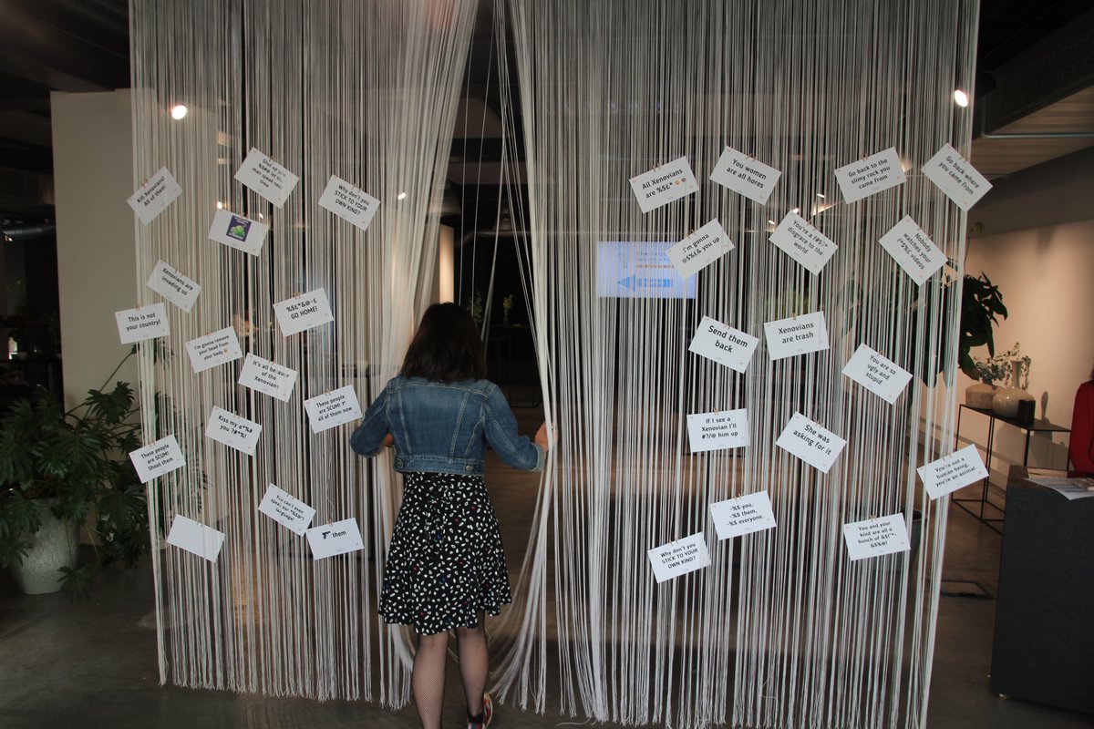 eu_schoolnet's tweet photo. The #HackHateConf is over. It has been a great day full of interesting discussions and what was a #HateSpeech curtain in the morning, has now become a curtain full of positive and lovely messages. Let’s all continue #HackingHate! https://t.co/qsq6GAz2rJ