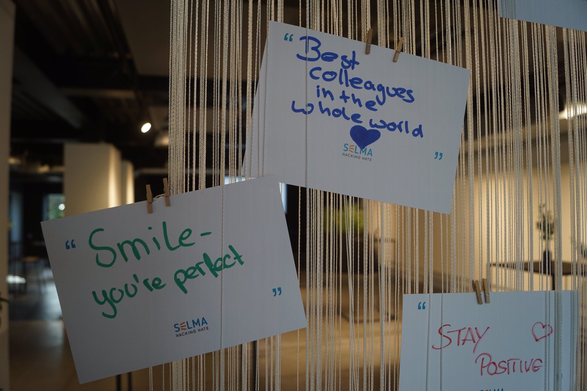 eu_schoolnet's tweet photo. The #HackHateConf is over. It has been a great day full of interesting discussions and what was a #HateSpeech curtain in the morning, has now become a curtain full of positive and lovely messages. Let’s all continue #HackingHate! https://t.co/qsq6GAz2rJ
