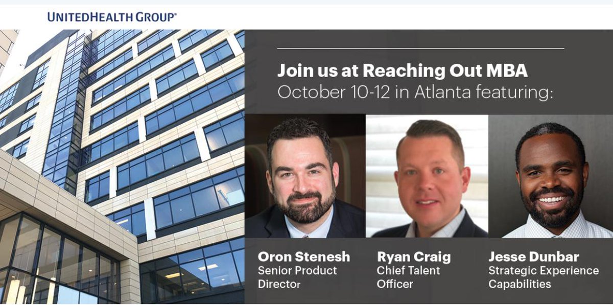 ReachingOutMBA's tweet image. Get your networking on with UnitedHealth Group - one of our #sponsors for this year's #ROMBA Conference Oct 10-12. Catch #UHG leaders speaking on various topics and meet with recruiters at booths #220 and #222. Get a head start by following @UHGCareers