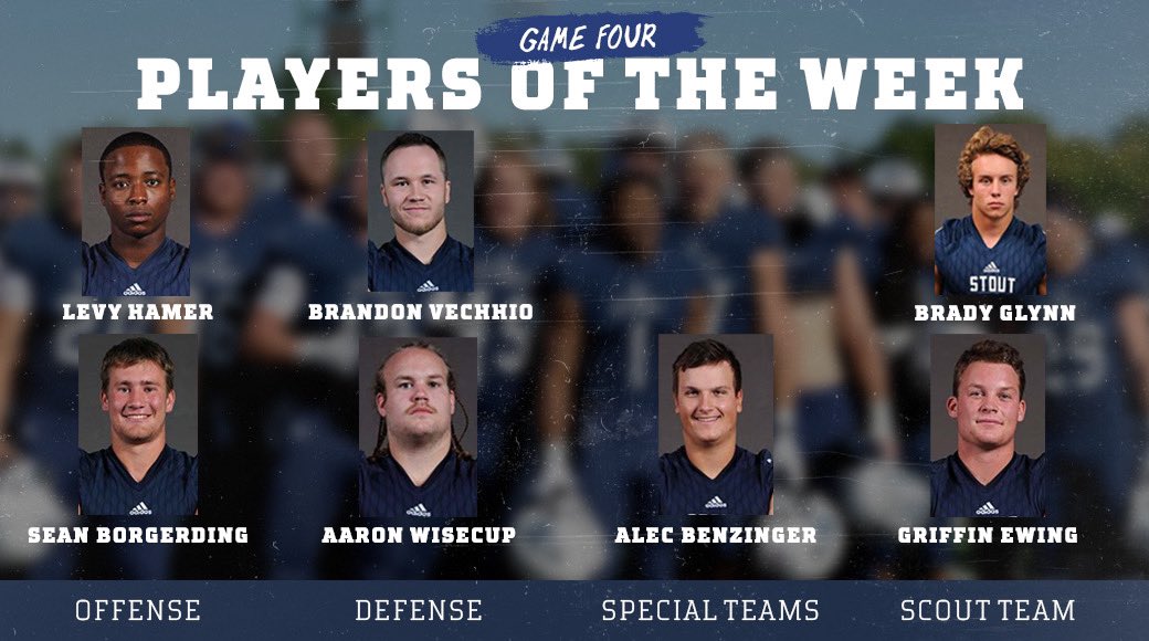 UWStoutFootball's tweet photo. Here are your Game 4 Players of the Week. 🏈 

#BleedBlue https://t.co/AaN1aLd9Xb