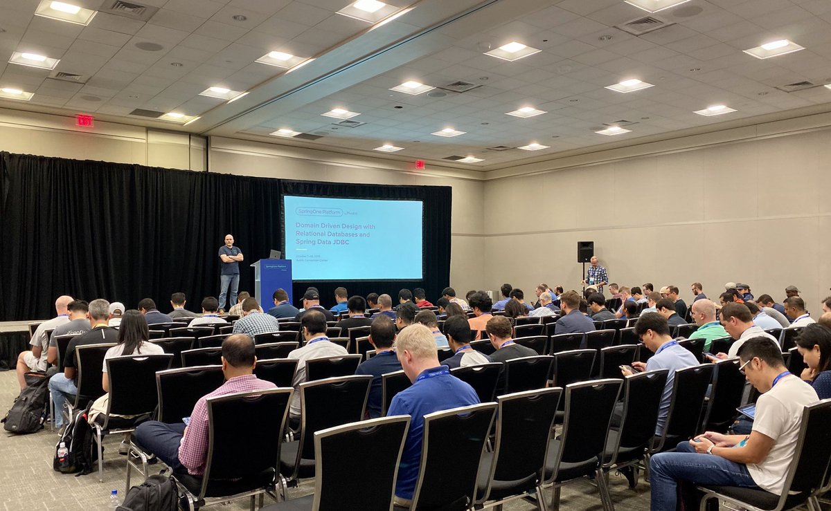odrotbohm's tweet image. Final day of #SpringOne 2019. Breakout sessions kicking off with @jensschauder on #DDD involving relational databases and #SpringData #JDBC…