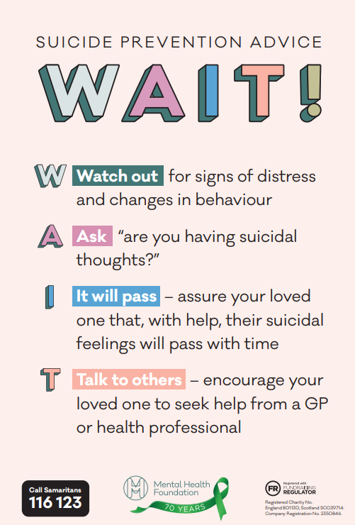 Prevention is something that we can all individually help with. A short conversation with another person can sometimes be enough to make the difference between life and death for them.

#wait #WMHD2019