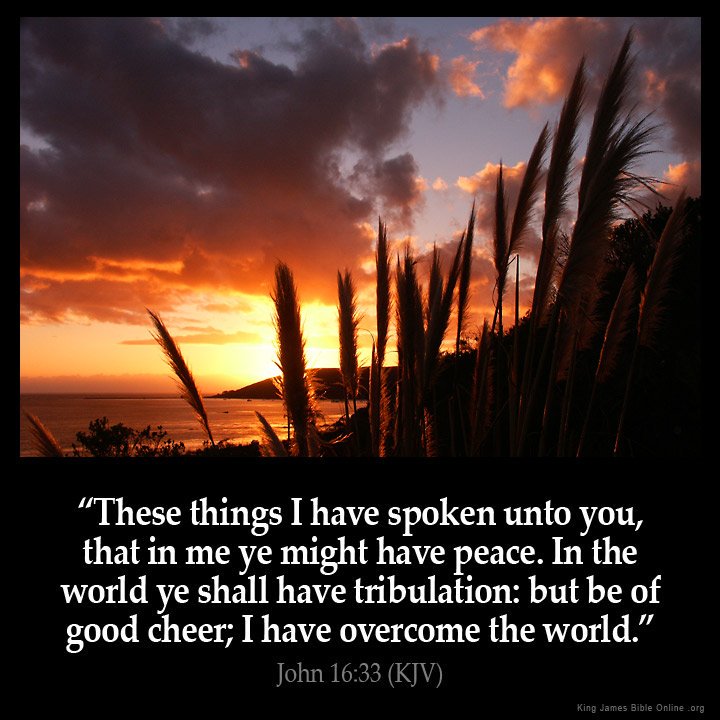Watchman61088's tweet photo. Having a bad day?...remember this promise...

John 16:33 King James Version (KJV)
33 These things I have spoken unto you, that in me ye might have peace. In the world ye shall have tribulation: but be of good cheer; I have overcome the world.

#JesusIsLord #JesusSaves https://t.co/22vyDZkeV0