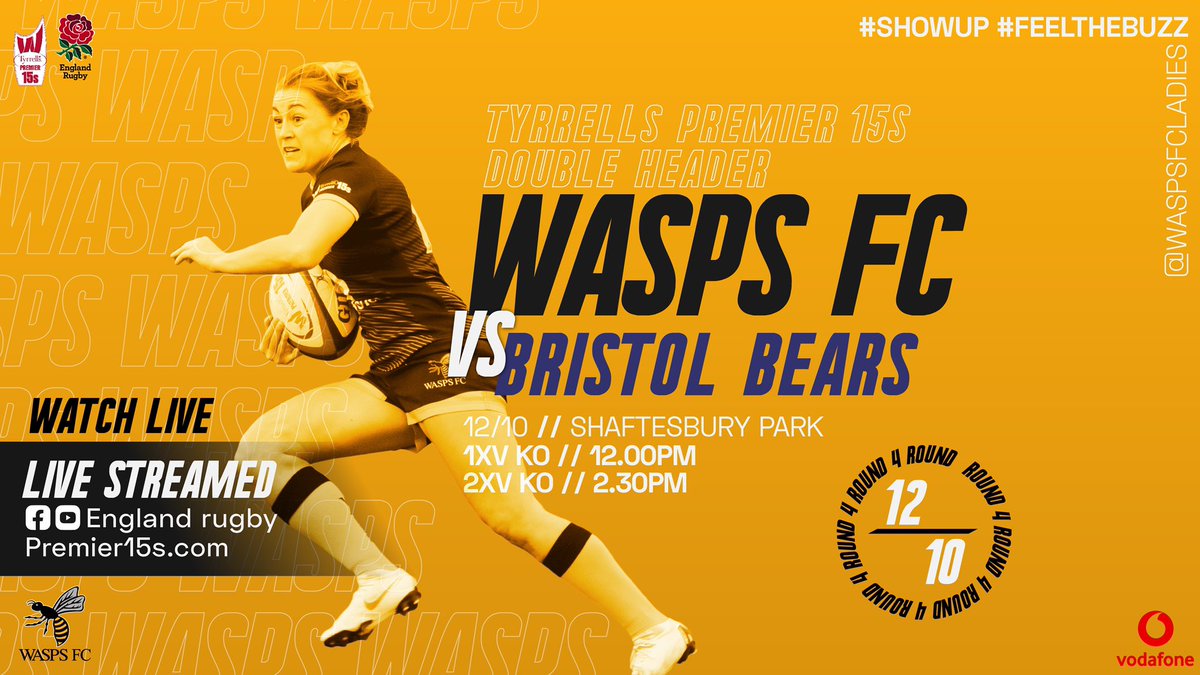 waspswomen's tweet photo. ROUND 4️⃣

📺Live Stream @englandrugby &amp; @premier15s 
🆚 @bristolbearswomen 
📅 Sat 12th
📍 Shaftesbury Park
🐝 1XV &amp; 2XV

#feelthebuzz #showup https://t.co/qarlDc2EJ0