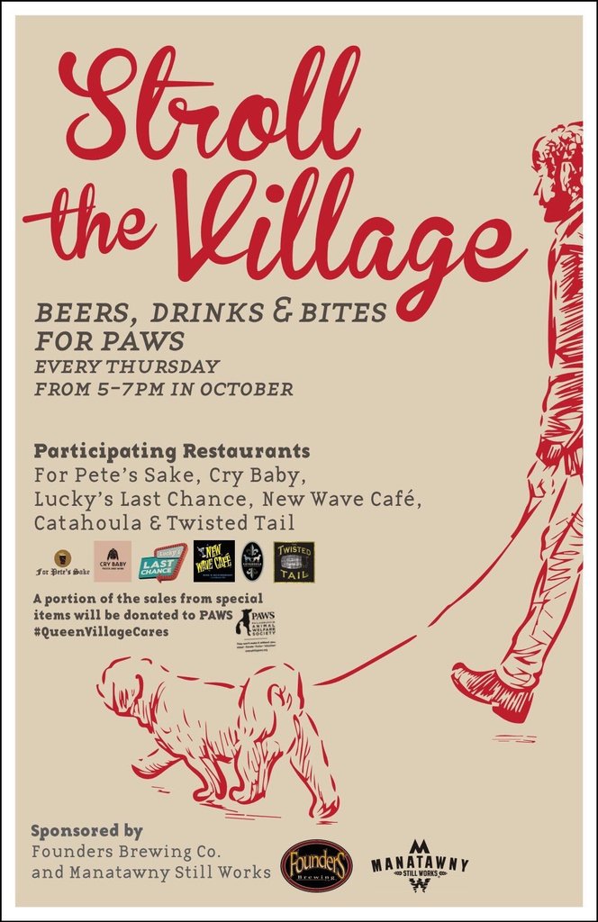 Visit these #QueenVillage spots for food &amp; drinks benefiting PAWS tonight 5-7 &amp; every Thursday in October: 
#CryBabyPasta
<a href="/CatahoulaPhilly/">Catahoula Philly</a>
<a href="/TwistedTailPhl/">The Twisted Tail</a>
<a href="/thenewwavecafe/">New Wave Cafe</a>
<a href="/ForPetesSakePub/">Pete Sake</a>
<a href="/LuckysManayunk/">Lucky's Last Chance</a> (QV location) 
TY to beer &amp; drink sponsors <a href="/foundersbrewing/">Founders Brewing Co.</a> &amp; <a href="/manatawnysw/">Manatawny Still Works🥃</a>!
