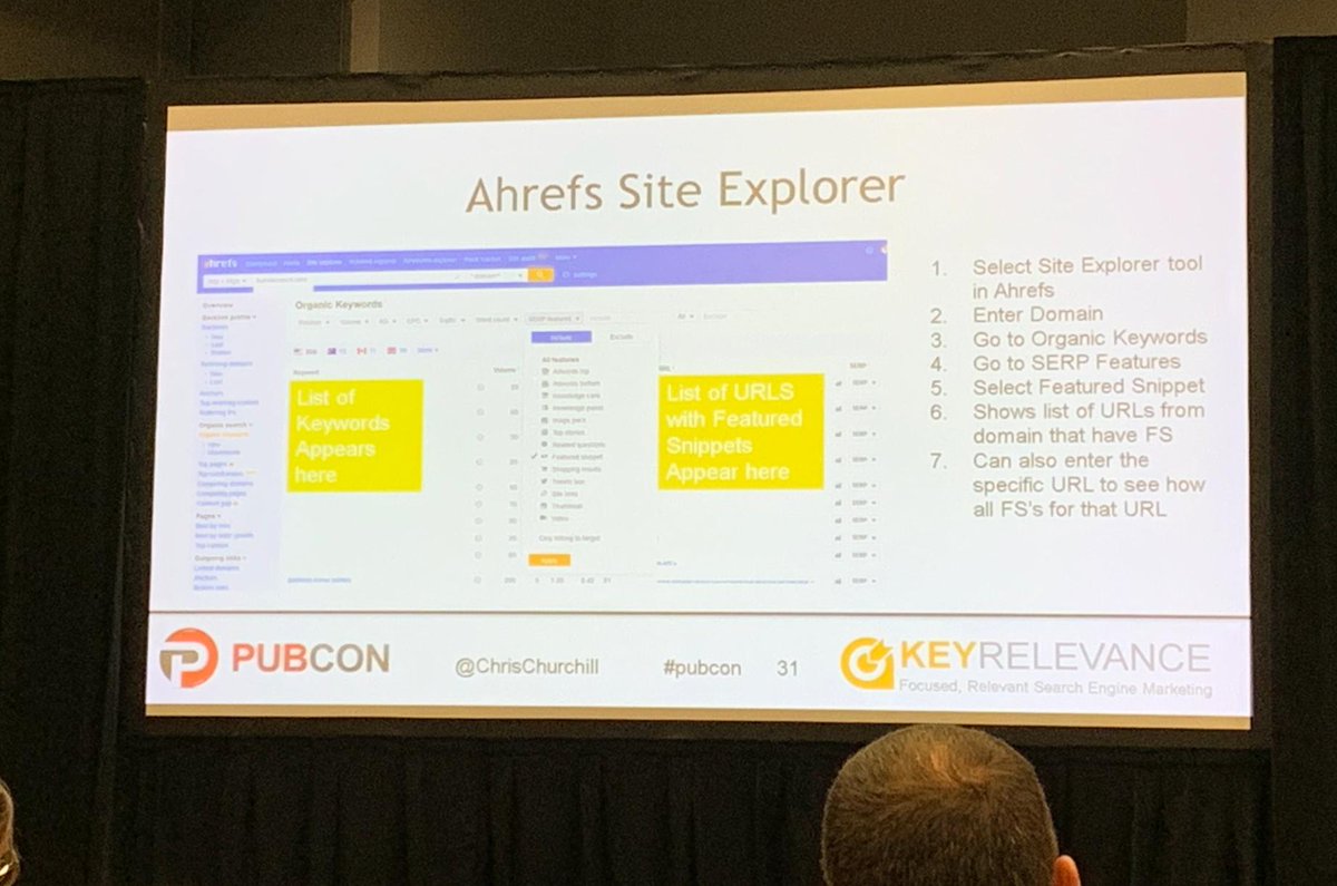 Super happy to see <a href="/ChrisChurchill/">Christine Churchill</a> recommending @Ahrefs Keywords Explorer tool for Featured Snippets research 🥳

Thanks, Christine! 🙏

#pubcon