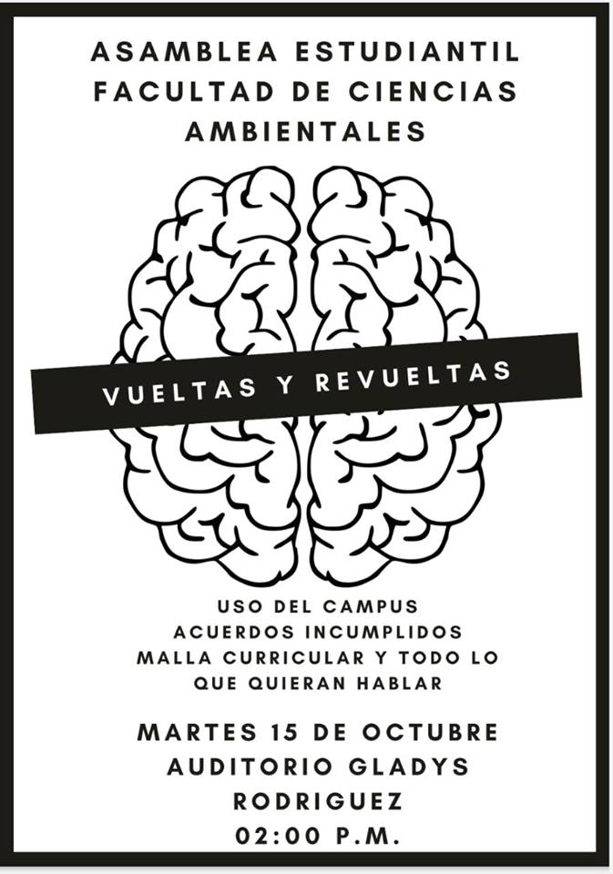 AmbientalUTP's tweet photo. Se comparte invitación a la Asamblea estudiantil programada para el día martes 15 de octubre a las 2:00 p.m. en el auditorio Gladys Rodríguez. https://t.co/A9lzRpPnvc
