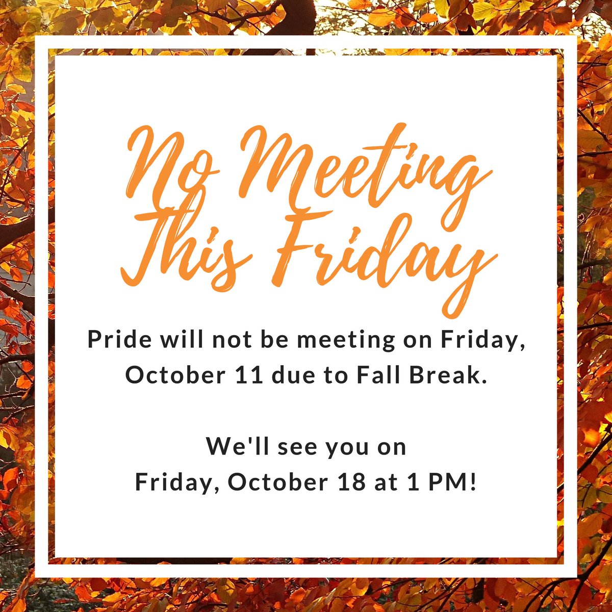 MUHPride's tweet photo. Pride will not be meeting on Friday, October 11 due to Fall Break. We'll see you on Friday, October 18 at 1 PM! #MiamiOH #MiamiOHRegionals #LGBTQ https://t.co/cbHPHW7iwS