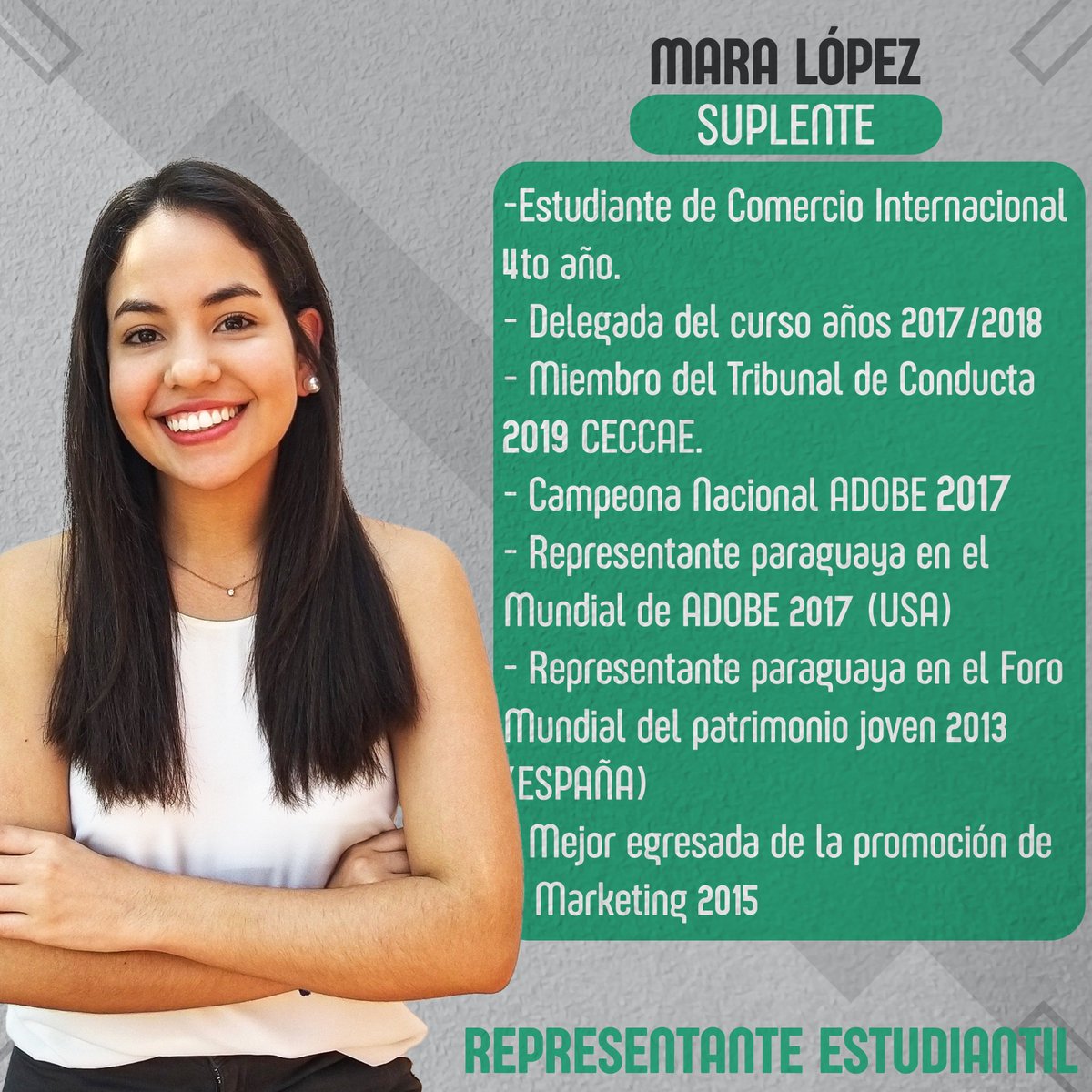 • Representante Estudiantil •

Te presentamos a nuestro equipo para el periodo 2020.

Ellas son <a href="/marielabalcam/">Mariela Balbuena</a>, <a href="/rociverad/">Rocio Vera</a>, Ale Giménez y <a href="/MaraLopezA/">Mara López</a> están preparadas para representar al estudiantado como miembros del Consejo de la Facultad.

#LoQueNosUne 💜💚
#Union