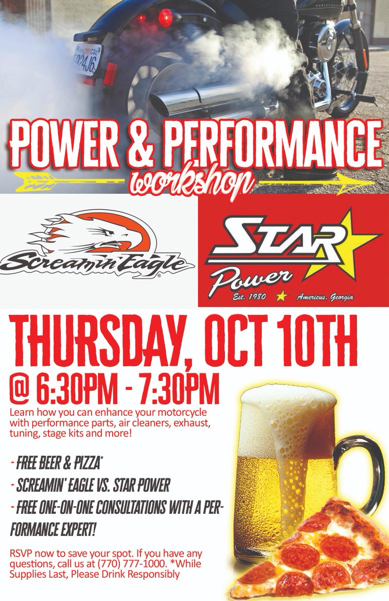 TONIGHT! Join us for our FREE Power &amp; Performance Workshop from 6:30pm - 8pm! Screamin' Eagle Vs. Star Power, FREE beer &amp; pizza 🍻🍕 FREE one-on-one consultations with a performance expert (space is limited!). See you tonight! 😎 bit.ly/2pbm9S8