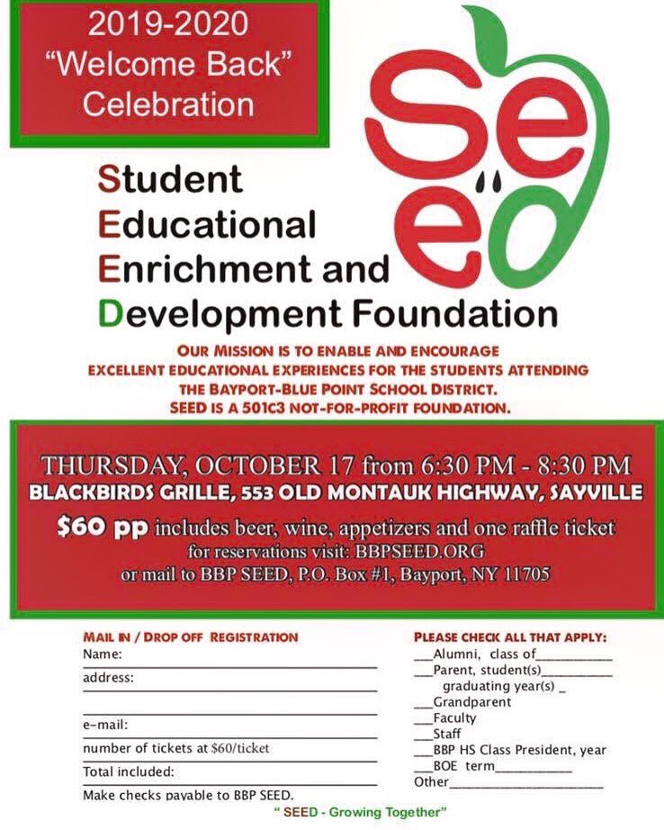 GazetteCentral's tweet photo. @BBPSeedOfficial Welcome Back Celebration 10/17 at Blackbirds' Grille. Tics are $60 per person & includes beer, wine, apps and one raffle ticket. BBP SEED works hard to add extra educational experiences to all @BBPSchools π π π #BBPSeed #BBP #Bayport #BluePoint #BBPSchools https://t.co/Gx6mhvDTgN