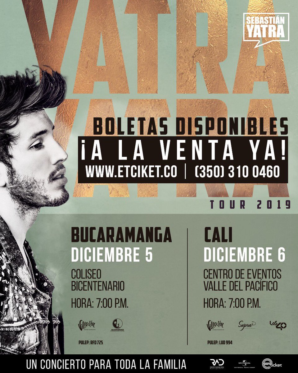 eventosvillalon's tweet photo. #Bucaramanga y #Cali 👉🏻 YA YA YA pueden comprar su entradas en https://t.co/eOlXGkIJJd, o en el (350) 310-0460 o en las tiendas JUMBO de cada ciudad💥🤩 ¡No se pueden perder el #YatraYatraTour 😱 •@sebastianyatra @villalonloop @jjsonido @los40colombia @UMusicColombia @eticketcol https://t.co/gjQZVqGSxJ