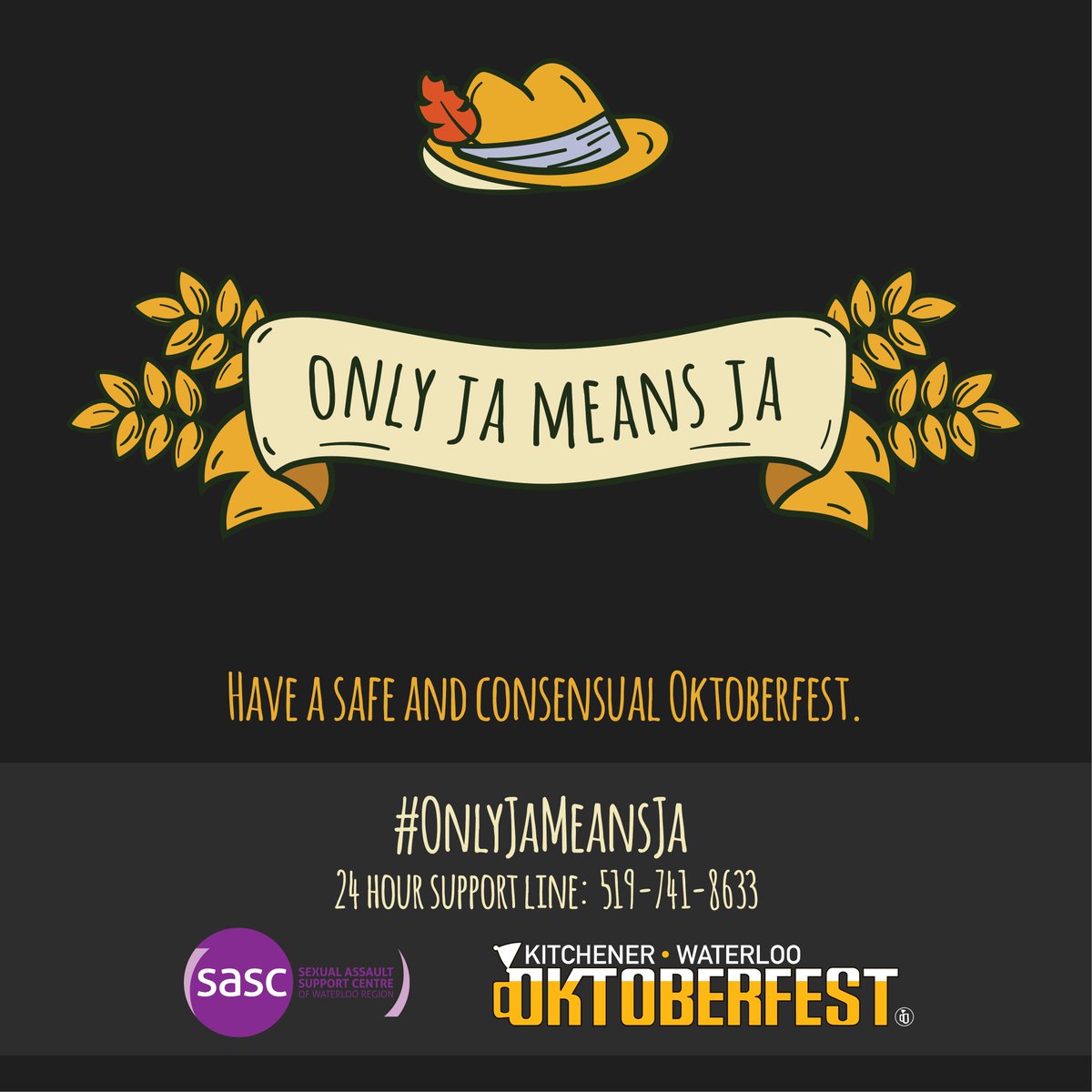 We're working with <a href="/KW_Oktoberfest/">K-W Oktoberfest Inc.</a> to help prevent sexual violence with training for staff &amp; volunteers along with more resources for all festers to remember that #OnlyJaMeansJa We want everyone to have a safe &amp; consensual Oktoberfest so please RT &amp; reach out if you need support