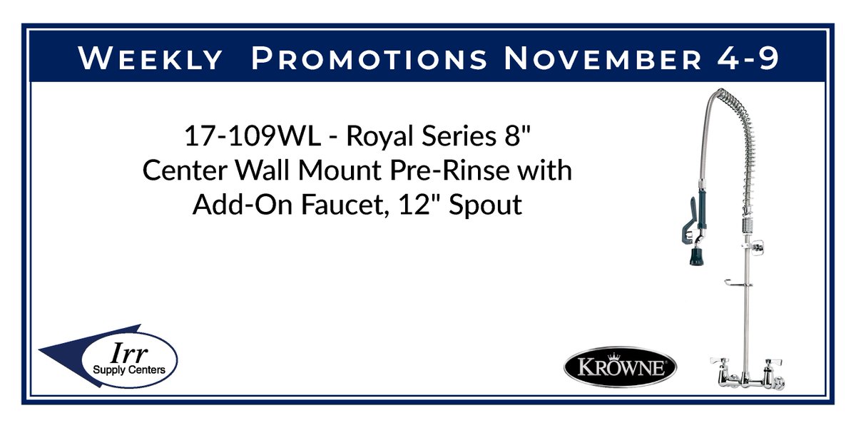 Irr_Supply's tweet image. Liverpool is starting off November Weekly Specials with the 17-109WL - Royal Series 8” Center Wall Mount Pre-Rinse with Add-On Faucet, 12” Spout and the Honeywell T87 Thermostat for November’s Weekly Promotions the 4th thru the 9th.

#remodle #plumbing #Krowne #resideo