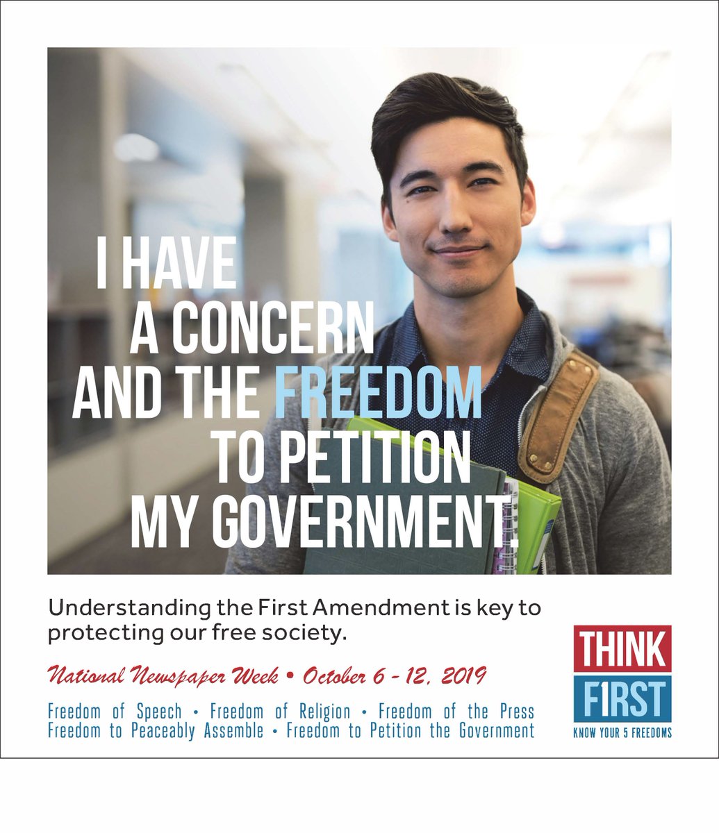 National Newspaper Week -  October 6-12, 2019

This 79th annual National Newspaper Week is a recognition of the service of newspapers and their employees across North America and is sponsored by Newspaper Association Managers.

“Think F1rst — Know Your 5 Freedoms”