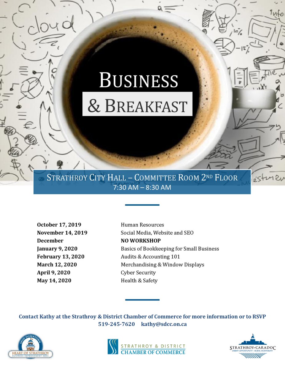 MoSC_EcDev's tweet image. In partnership with the Strathroy &amp;amp; District Chamber of Commerce and Strathroy BIA, the 2019/2020 Business &amp;amp; Breakfast sessions kick-off this month! 

The first session is this Oct 17th on #HumanResources #HR 

All sessions are FREE to attend

@StrathroyCofC