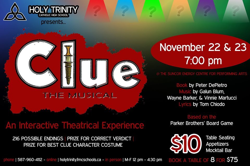 Clue:The Musical is coming to <a href="/HolyTrinityYMM/">Holy Trinity CHS</a> next month! Get your tickets today! #WeAreFMCSD #ymm #rmwb