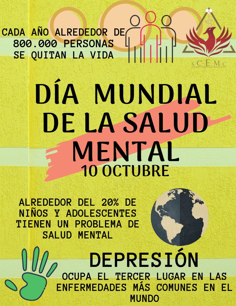 SCEMCC's tweet photo. 🎗El Día Mundial de la Salud Mental 2019 se centrará en la prevención del suicidio

🗣 El suicidio es la segunda causa de defunción entre jóvenes de 15-19 años según la OMS.

Debemos acabar con la estigmatisación para que más personas se sientan en condiciones de pedir ayuda. https://t.co/7TJpdkbyzd