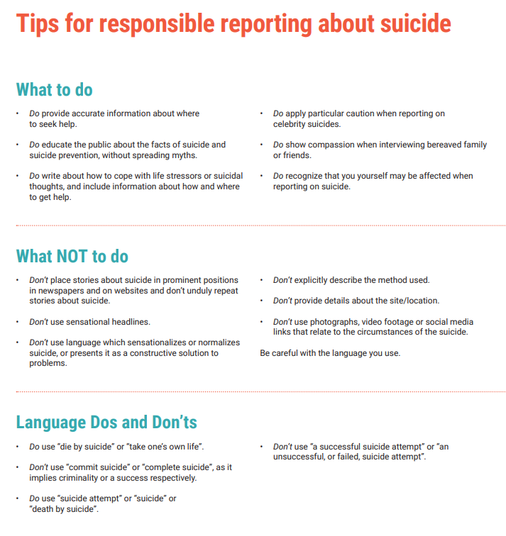 @pahowho @WHOEMRO @WHOWPRO @WHOSEARO @WHOAFRO @WHO_Europe @DrTedros @UN @UN_News_Centre @antonioguterres If you are a journalist, here are some tips for responsible reporting about #suicide ➡️ bit.ly/2Vp5AOS #WorldMentalHealthDay