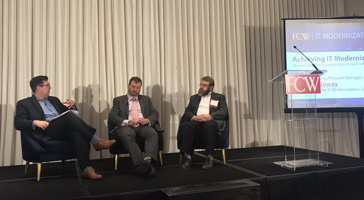 Onstage now — <a href="/SAICinc/">SAIC</a> VP for IT Modernization <a href="/CobyHolloway/">Coby Holloway</a> and NASA Cloud Computing Manager Joe Foster with a panel discussion on Achieving IT Modernization via the Cloud #FCWModernization