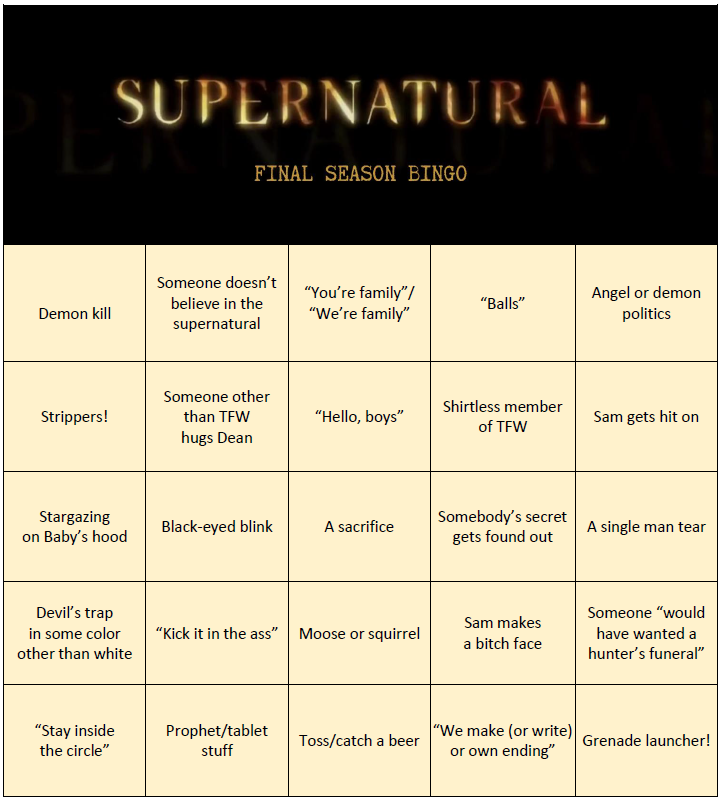 DeanIsntFine's tweet photo. Hey! Let's play! #Supernatural Final Season Bingo! Start tonight! Pick a card, or play all three! I'll be updating these every week. #SPNFamily @spacekicker @SPNcrossroad @FangasmSPN @WinFamBusiness Thank you to EVERYONE who contributed! ❤️🥃🥧 https://t.co/NfjKx4YaoQ