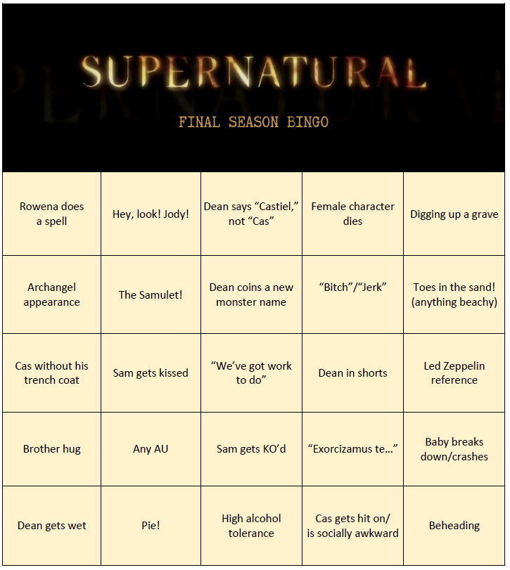 DeanIsntFine's tweet photo. Hey! Let's play! #Supernatural Final Season Bingo! Start tonight! Pick a card, or play all three! I'll be updating these every week. #SPNFamily @spacekicker @SPNcrossroad @FangasmSPN @WinFamBusiness Thank you to EVERYONE who contributed! ❤️🥃🥧 https://t.co/NfjKx4YaoQ