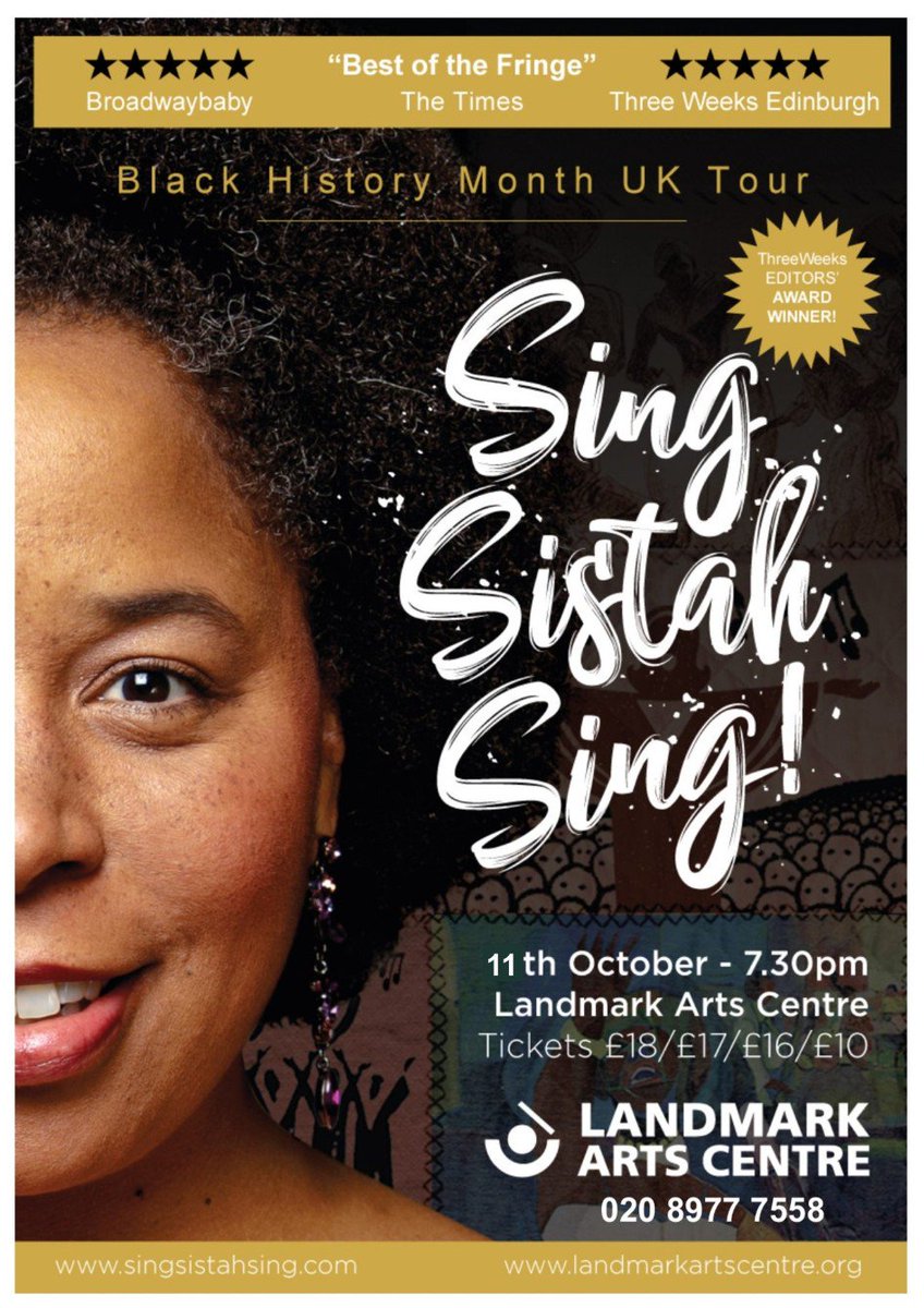 LandmarkArts's tweet photo. TOMORROW! Andrea Baker performs award-winning celebration of African American female voice - Sing Sistah Sing! @ABakerMezzo #BlackHistoryMonth Adv tix Β£17 (Β£16 concs). Fri 11 Oct 7.30pm-Doors&bar: 6.45pm #teddington #andreabaker #awardwinner #singsistahsing https://t.co/0XII7H23on