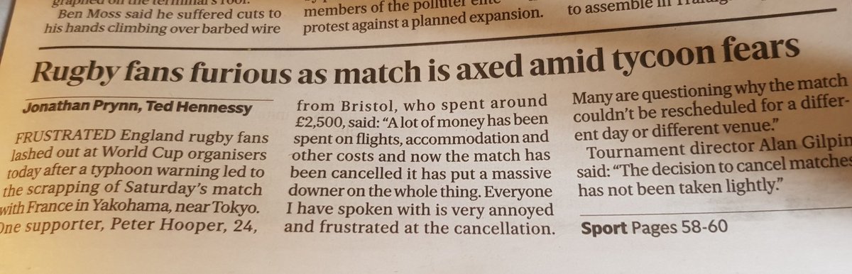 Evening Standard reporting that the rugby is off because of the threat posed by an unnamed business owner