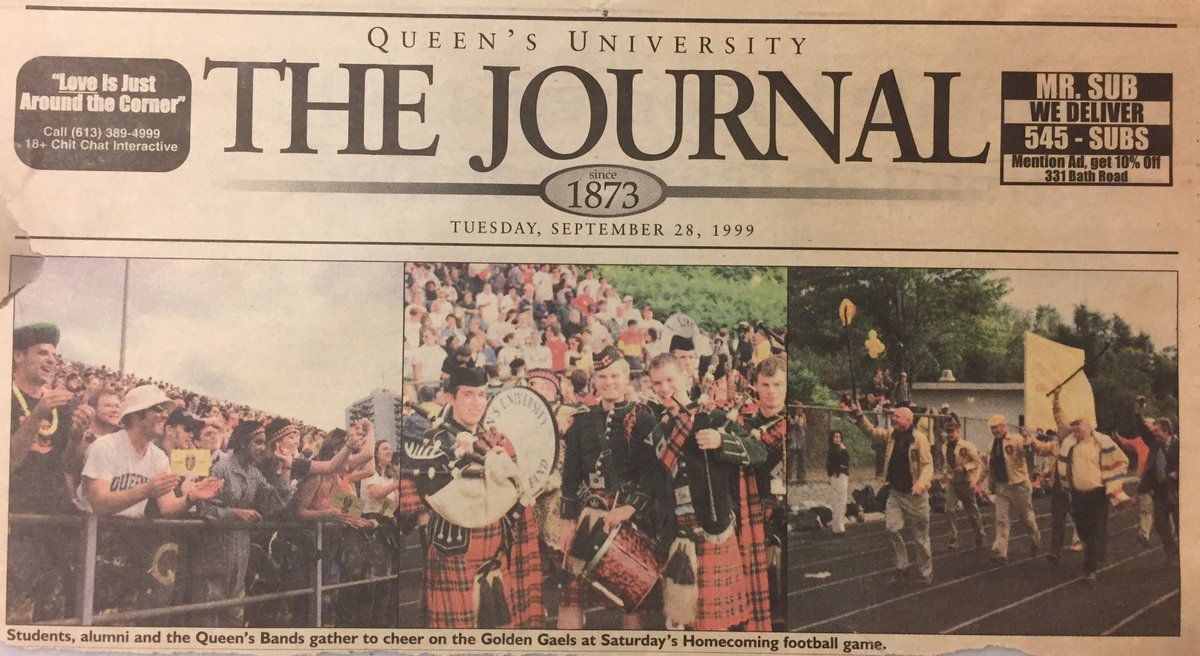 QueensBands's tweet photo. Check out today’s issue of the @queensjournal to see an article written by our very own Paige James! And for a #tbthursday check out this photo of Queen’s Bands in the Journal after Homecoming 1999 (20 years ago!). Will you be returning to Queen’s for Homecoming this year? 🇹🇩🎉 https://t.co/hgQx2jw1iA