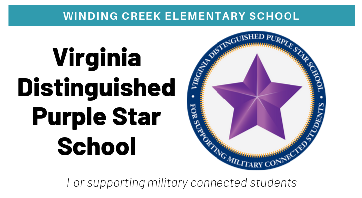 WindingCreekES's tweet photo. Winding Creek has earned the Virginia Distinguished Purple Star School award for supporting military connected students!  For more information, visit https://t.co/vD1ofnDHct  #wcesfamily #windingcreekes #wcesh_h https://t.co/iWmf4RDtnd