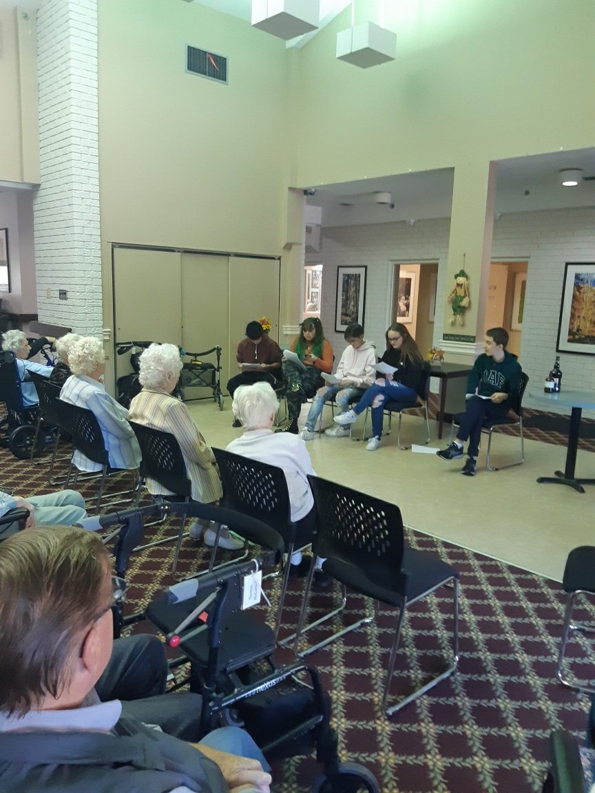 The grade 10s took their storytelling unit to Riverwood Retirement home. What an awesome experience learning vocal techniques with a different target audience! @BMarauders @SCDSB_Schools #drama #vocaltechniques #storytellingunit