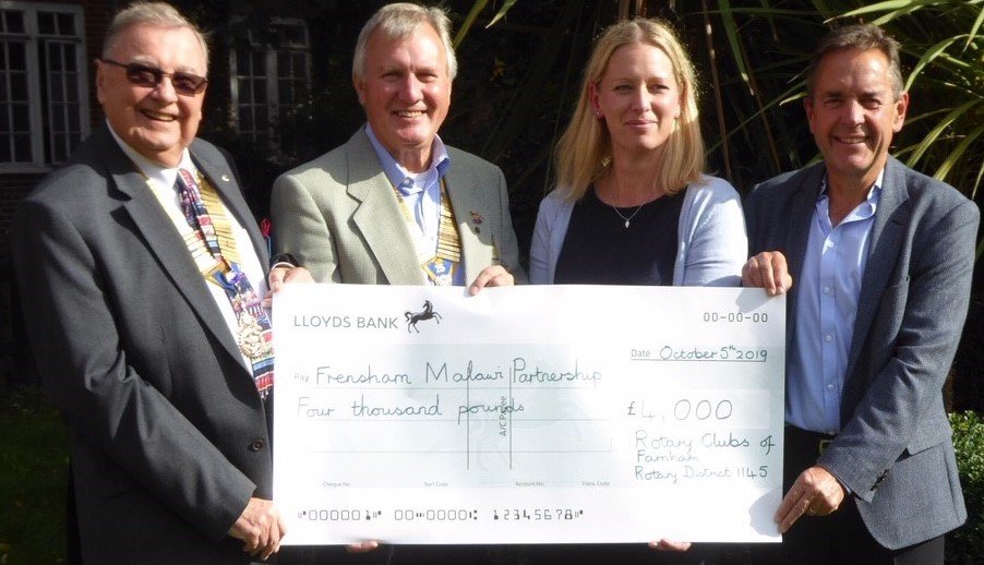 Club President David Coker and Farnham Weyside President Paul Dawson were delighted to hand over a cheque for £4000 to <a href="/FrenshamMalawi/">Frensham Malawi</a> an initiative started and supported by <a href="/FrenshamHeights/">Frensham Heights</a>. See <a href="/fhs_malawi_2019/">Frensham Heights - Malawi</a> The club hopes to continue to support of this fantastic project RT
