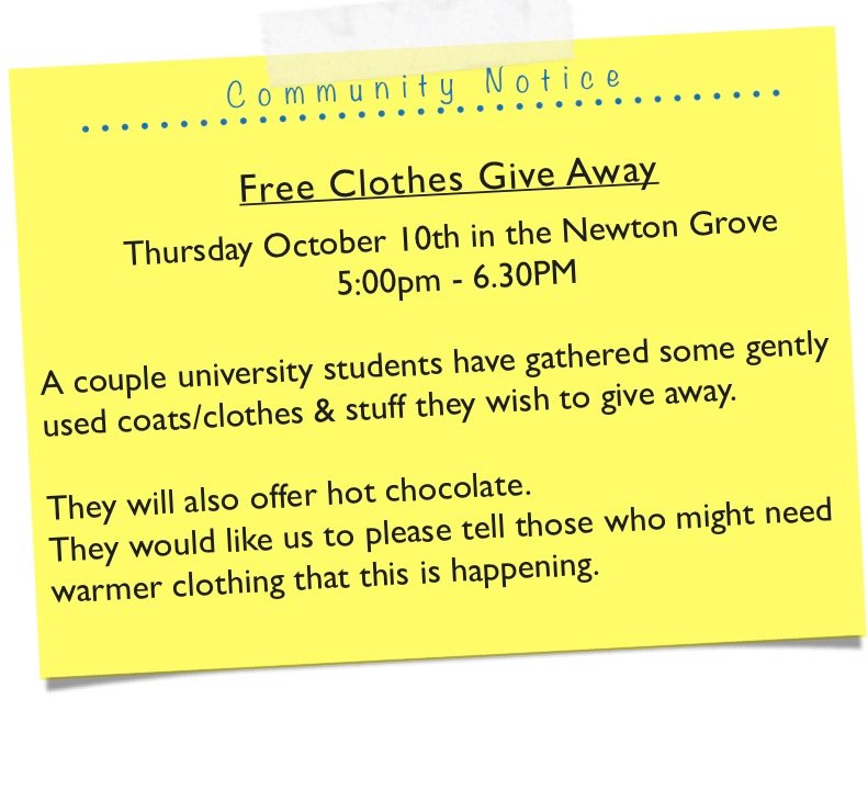 GroveFriends's tweet image. 5:00pm-6:30pm Oct 10th In the Newton Grove. Free Clothes giveaway by a few community members. Friends of the Grove will be out supporting these great people, hope to see you, it helps to take the chill off.