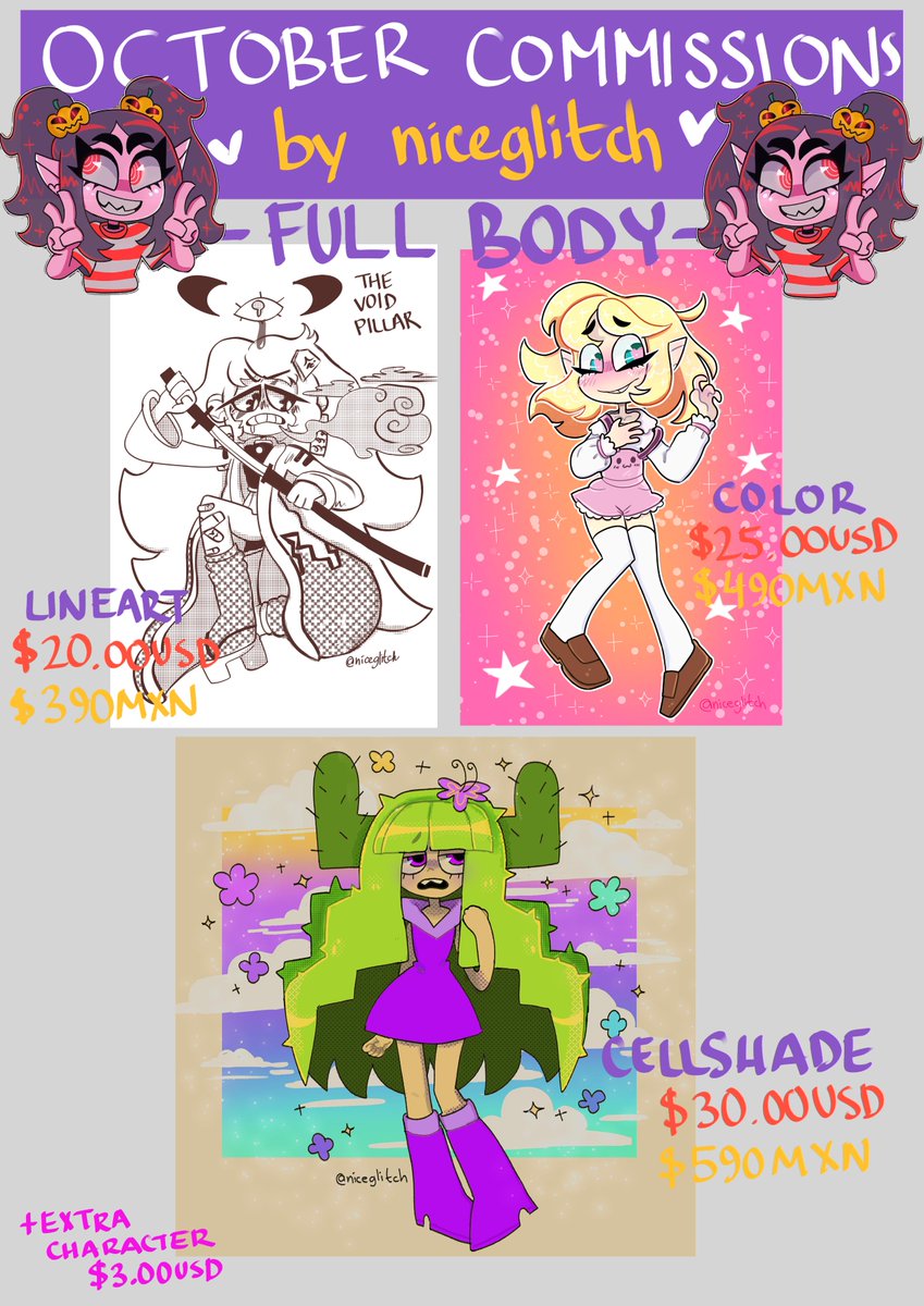 OCTOBER COMMISSION SHEET! 
Balanced prices and added new commission types! 
Payments via Paypal♥ 
Prices in USD and MXN 

Any question feel free to dm me (; 
RT appreciated ?✨✨
#commissionsopen #commissions 