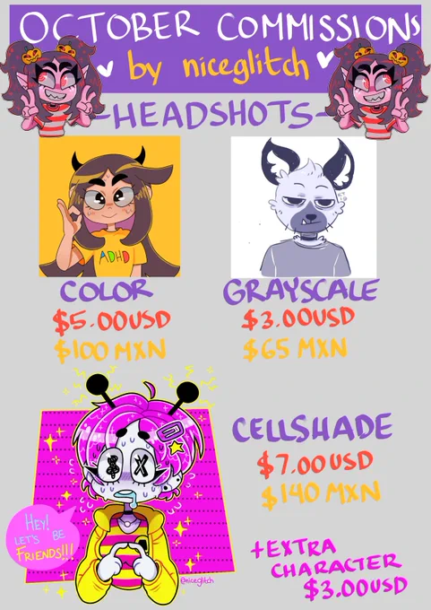 OCTOBER COMMISSION SHEET! 
Balanced prices and added new commission types! 
Payments via Paypal♥ 
Prices in USD and MXN 

Any question feel free to dm me (; 
RT appreciated ?✨✨
#commissionsopen #commissions 