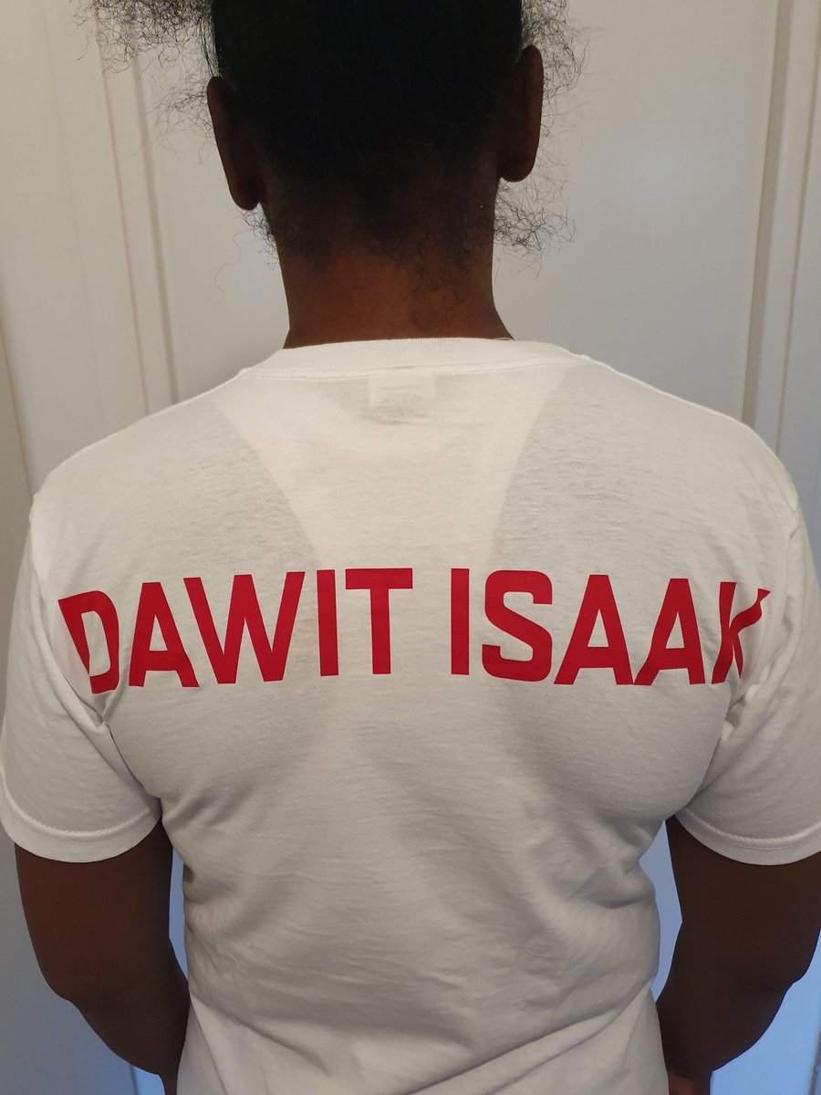 meronina's tweet photo. Thank you @OrgryteFotboll for the T-shirt and for your solidarity to Dawit Isaak,I am honoured to wear it. #FreeDawit #FreeThemAll #Yiakil #NotForgotten #InPrisonSince2001 #Solidarity #Football4Humanity https://t.co/UuSsSou3kW