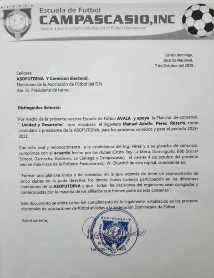AlberdiCaribe's tweet photo. |NOTICIA|: En este comunicado @Campascasio junto con varios clubes avala y apoya la plancha de consenso “Unidad y Desarrollo” que encabeza Manuel Adolfo Pérez como candidato a presidente de @ASOFUTDINA. https://t.co/SULKYgxTFB