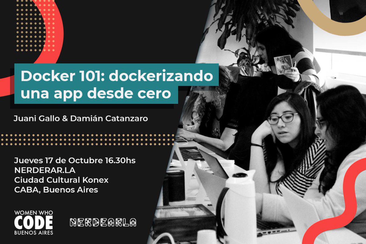 wwcodeba's tweet photo. ๐จ INSCRIPCIONES ABIERTAS ๐จ
Si querรฉs asistir a nuestro workshop Docker 101 en @nerdearla dictado por @JuaniGallo y @DamianCatanzaro de @courseit_, no te olvides de completar el siguiente formulario: https://t.co/kfAy6Xuak0
ยฟCon quiรฉnes nos vamos a encontrar? ๐ฅฐ https://t.co/hQdfrocJYF
